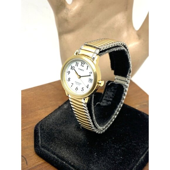 Timex Womens Watch T2H381 Indiglo Quartz Petite 2-Tone White Dial Expansion Band - Picture 2 of 14